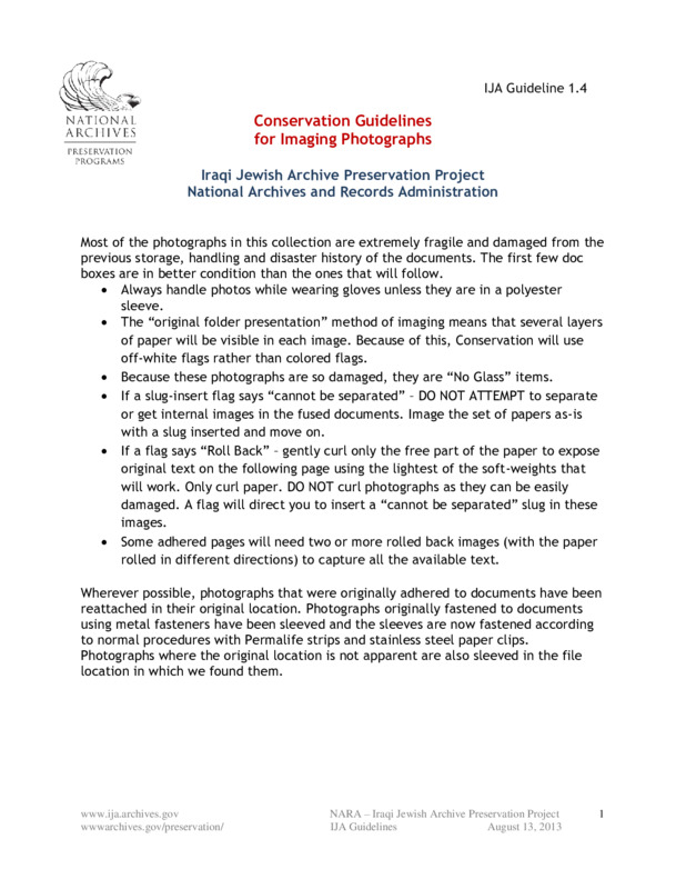 ija-conservation-guidelines-for-imaging-photographs — page 1 · Iraqi Jewish Archive (NARA) · judeoiraq.org
