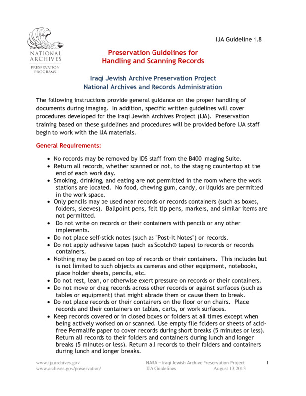 ija-preservation-guidelines-for-handling-and-scanning-records — page 1 · Iraqi Jewish Archive (NARA) · judeoiraq.org