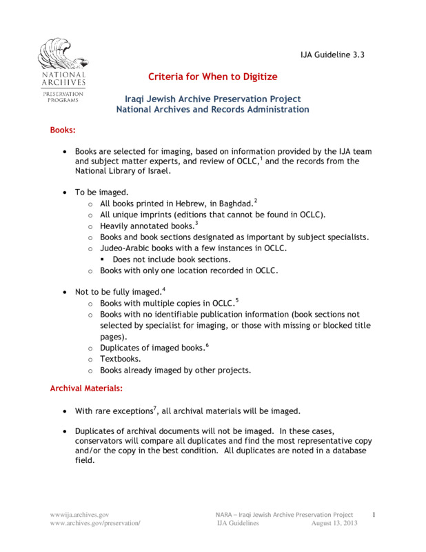 ija-criteria-for-when-to-digitize — page 1 · Iraqi Jewish Archive (NARA) · judeoiraq.org