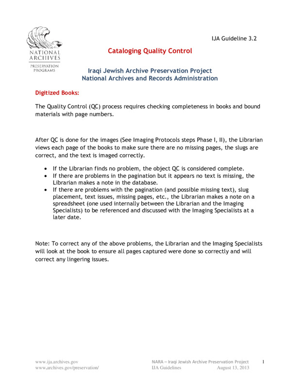 ija-cataloging-quality-control — page 1 · Iraqi Jewish Archive (NARA) · judeoiraq.org