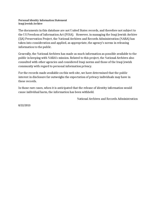 ija-ija-privacy-statement-for-digitized-materials — page 1 · Iraqi Jewish Archive (NARA) · judeoiraq.org