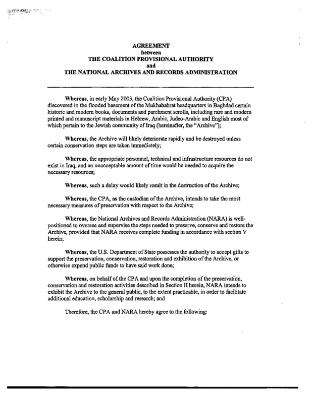 ija-2003-memorandum-of-agreement — page 1 · Iraqi Jewish Archive (NARA) · judeoiraq.org