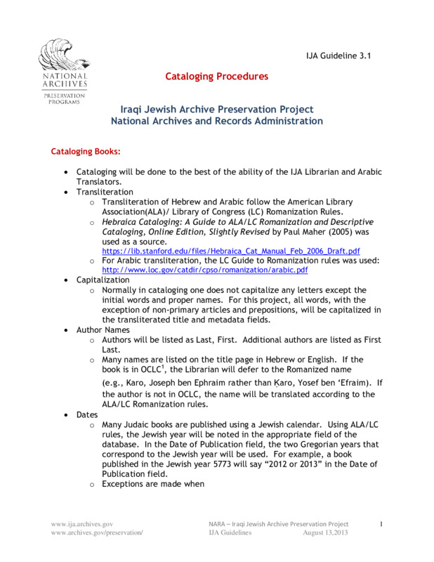 ija-cataloging-procedures — page 1 · Iraqi Jewish Archive (NARA) · judeoiraq.org