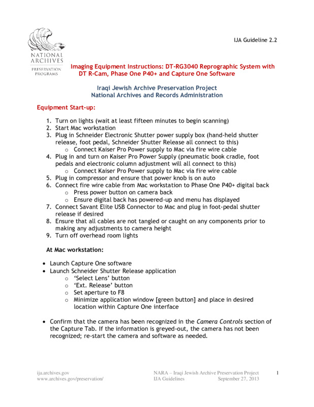 ija-imaging-equipment-instructions — page 1 · Iraqi Jewish Archive (NARA) · judeoiraq.org