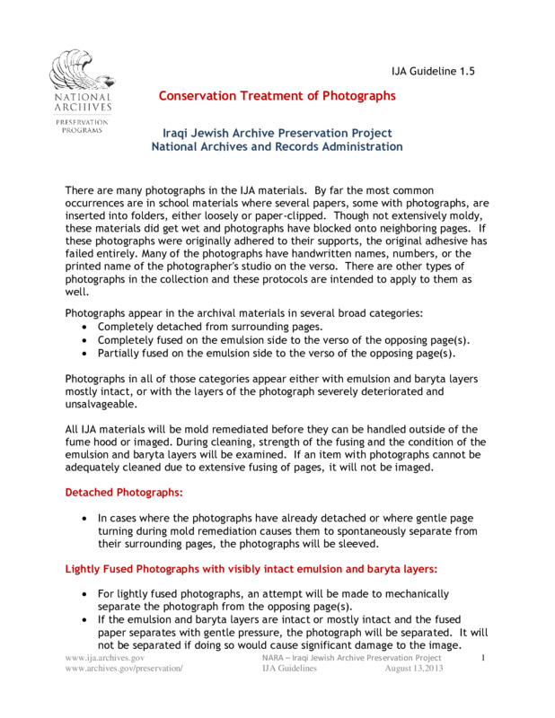 ija-conservation-treatment-of-photographs — page 1 · Iraqi Jewish Archive (NARA) · judeoiraq.org