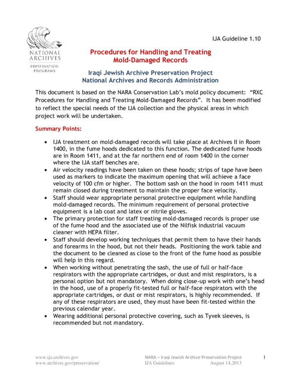 ija-procedures-for-handling-and-treating-mold-damaged-records — page 1 · Iraqi Jewish Archive (NARA) · judeoiraq.org