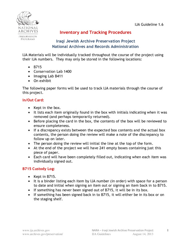 ija-inventory-and-tracking-procedures — page 1 · Iraqi Jewish Archive (NARA) · judeoiraq.org