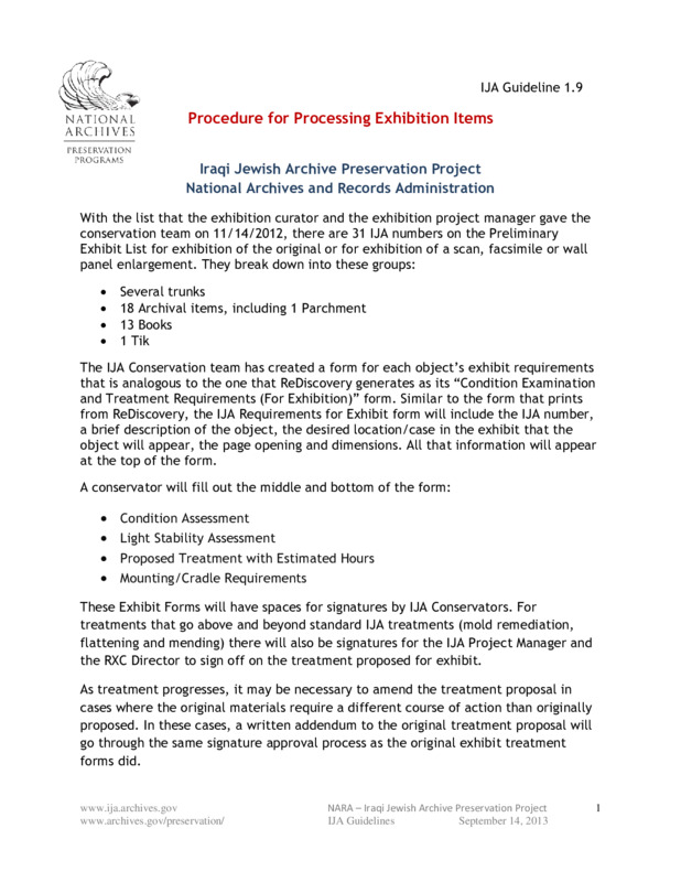 ija-procedure-for-processing-exhibition-items — page 1 · Iraqi Jewish Archive (NARA) · judeoiraq.org